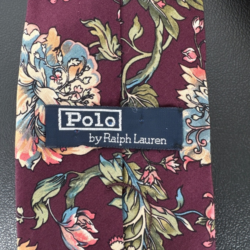 Polo Ralph Lauren Mens Silk Tie Burgundy Floral Paisley Hand Made USA 3.75 Wide - Picture 2 of 6